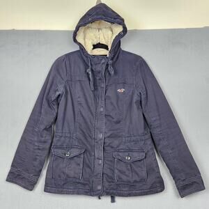 Hollister Jacket Womens Large Navy Blue Sherpa Lined Hooded Parka Coat Winter